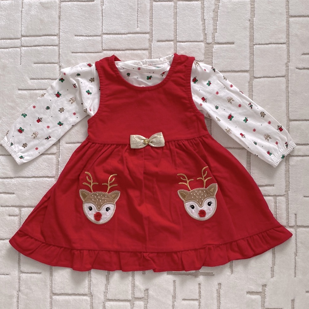Reindeer corduroy dress with long sleeve T-shirt